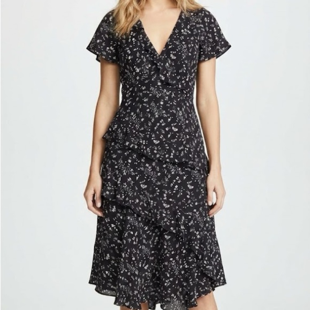 Joie Orita Caviar Black Floral Ruffle V Cut Midi Dress 4